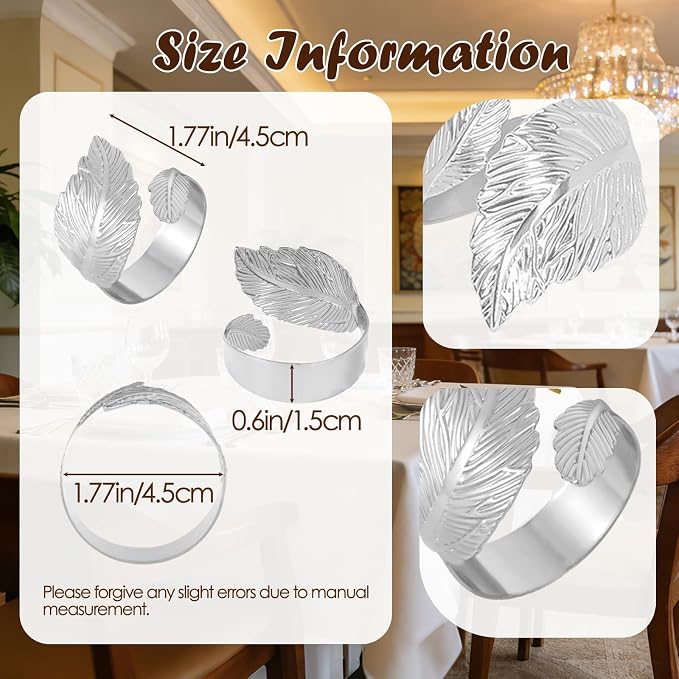 Napkin Rings Set of 24 Silver Napkin Holder Buckles | Leaf Shaped Napkin Ring - Image 7