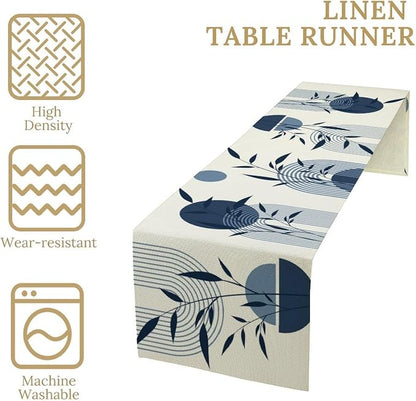 Abstract Boho Table Runner Mid Century Creative Blue Leaves Sun Geometric Arch - Image 4