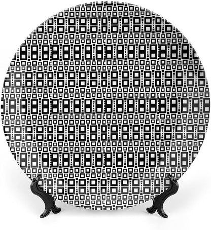 Ceramic Plates, Abstract Decorative Ceramic Plates, Monochrome Squares of Motif Grid Design Geometric, 8 Inch, for Dining, Parties, Wedding, Black White