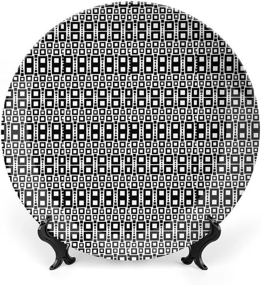 Ceramic Display Plate, Abstract Ceramic Hanging Decorative Plate, Monochrome Squares of Motif Grid Design Geometric, 6 Inch, Household Custom Ceramic Plate, Black White