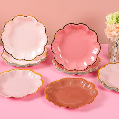 Dusty Pink Gradient Color Dessert Paper Plates, 7 inch Gold Foil Scalloped Edge, Disposable Cake Plates for Tea Party, Birthday, Baby Shower, Wedding Party Supplies (48, Dusty Pink)