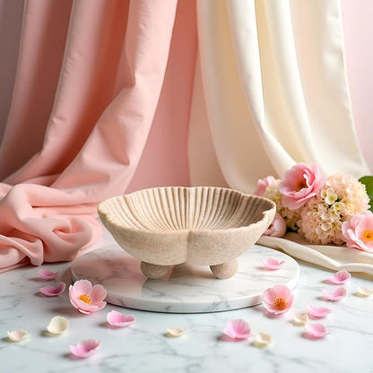Large Decorative Bowl decor, Scalloped Pedestal Bowls for Modern Home Decor,Ruffle Decor,Stylish Key Bowl for Entry Table,Decorative Fruit Bowl for Kitchen Counter, Artificial Stone Beige