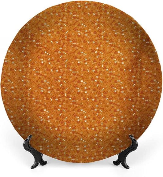Ceramic Plates, Dog Bone Decorative Ceramic Plates, Pattern with Paw Prints Bones and Hearts Veterinary, 8 Inch, for Dining, Parties, Wedding, Marigold Burnt Orange and White