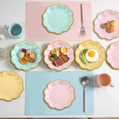 24 Pcs Pastel Scalloped Paper Plates 7 Inch Disposable Macaron Colorful Dessert Plates with Gold Edge Gradient Rainbow Party Supplies for Wedding Birthday Baby Shower Bridal Summer Decorations