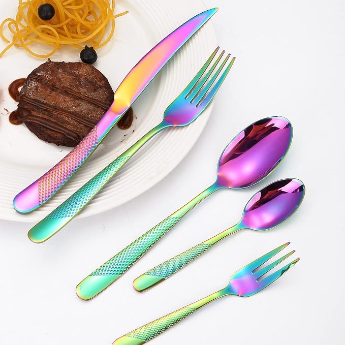 Hammered Silverware Rainbow Stainless Steel Flatware Set - Image 2