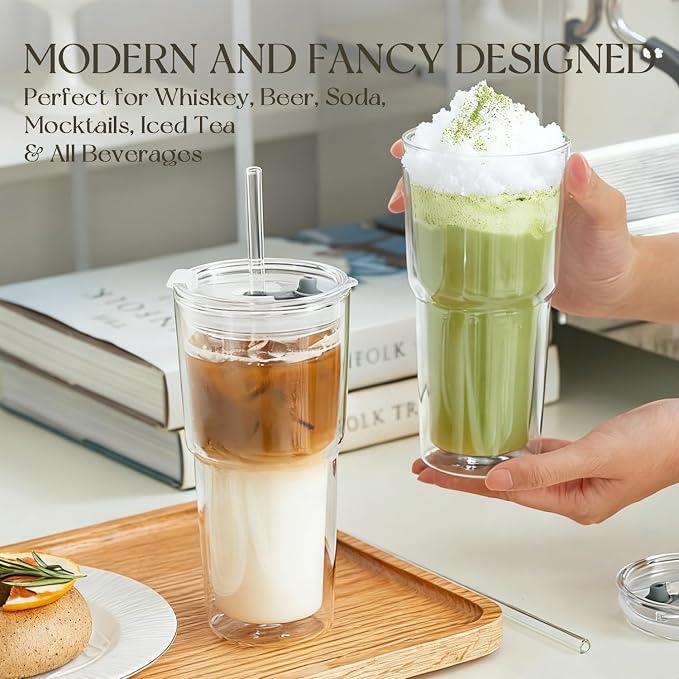 KEMORELA 2PCS 20oz Clear Double Wall Glass Cups - Image 2