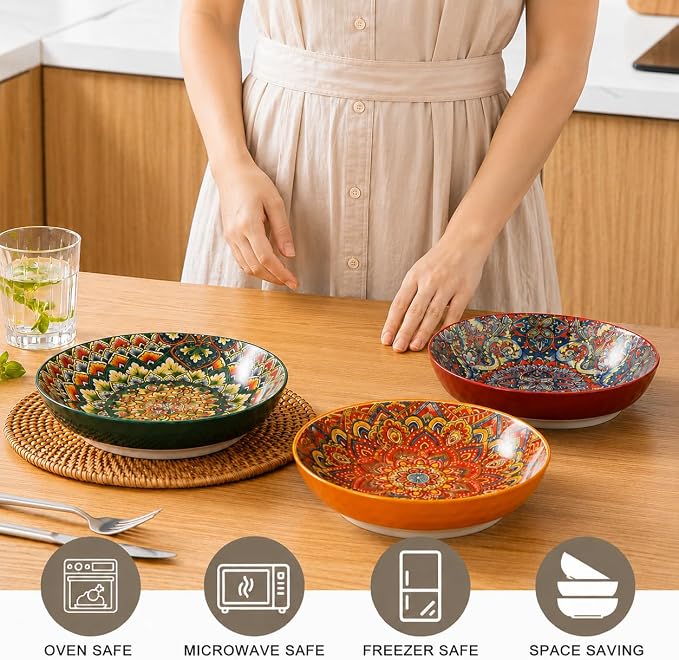 32 oz Pasta Bowls Set of 6, Large Ceramic Colorful Deep Plates, Bohemian Style - Image 5