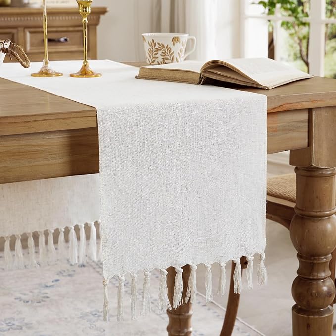 Cotton Linen Table Runner, 13x72 Inch, Off White by Aoztio