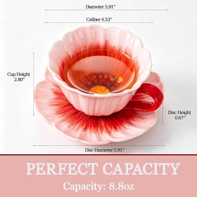 8.8 oz Tea Cups and Saucers, Flower-Shaped Ceramic Latte Art Cappuccino Cup and - Image 2