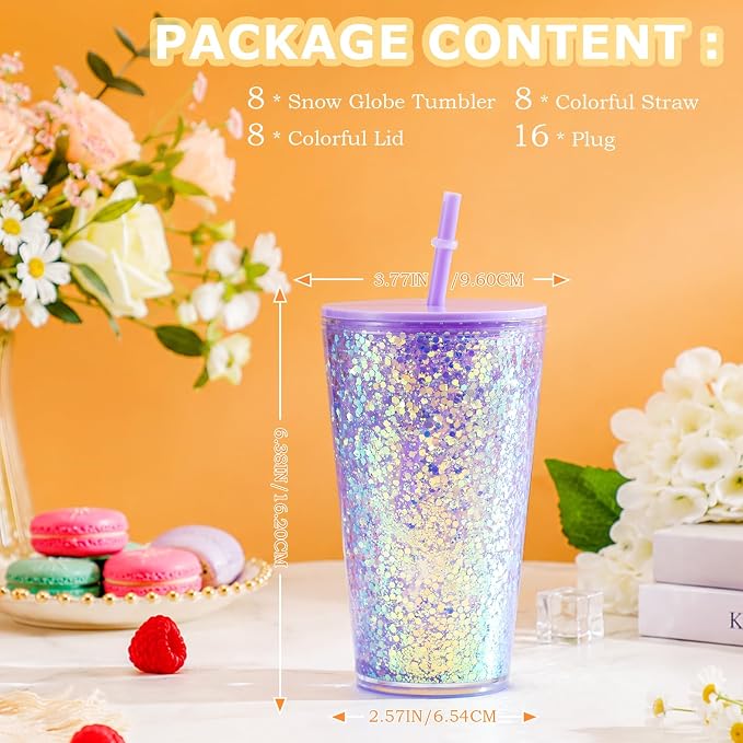 8 Pack 16 Oz Acrylic Snowglobe Tumbler, Pre-Drilled Double Wall Plastic Kids - Image 2