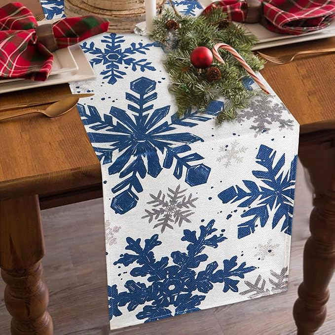Blue Christmas Winter Table Runner, Xmas Dinning Decor | Sliver Snowflakes - Image 3