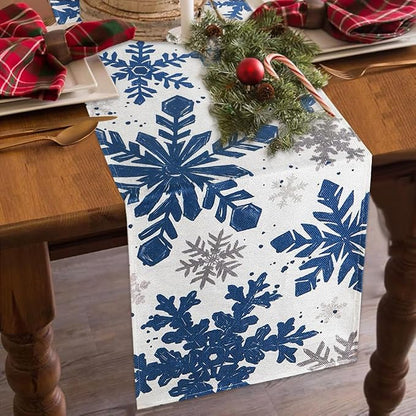Blue Christmas Winter Table Runner, Xmas Dinning Decor | Sliver Snowflakes - Image 3