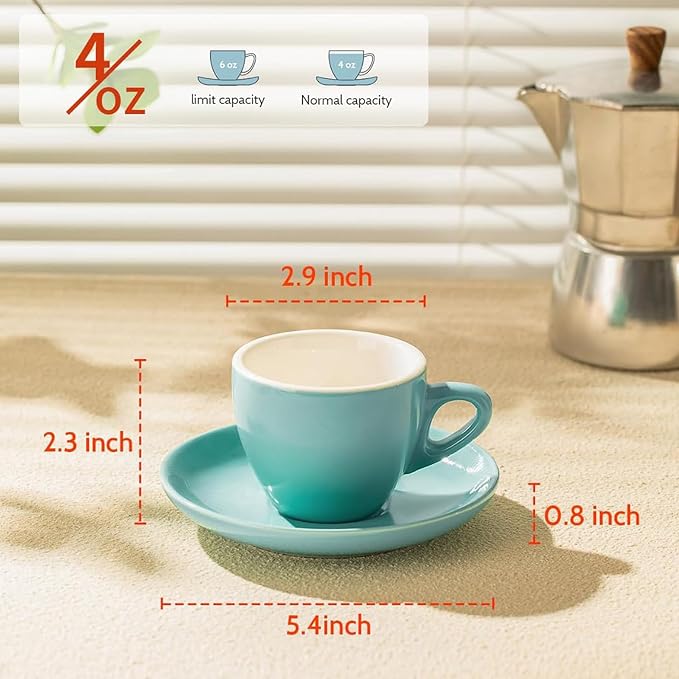 Sweese Espresso Cups with Saucers, 4 Ounce Demitasse Cups, Cappuccino, Latte - Image 2