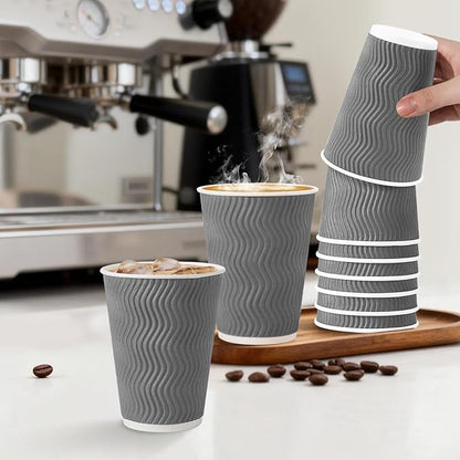500 Pack 12 oz Coffee Cups, Disposable Corrugated Insulated Ripple Wall Paper Coffee Cups 12oz for Hot or Cold Drinks Office Home Cafe Party Travel (Grey)