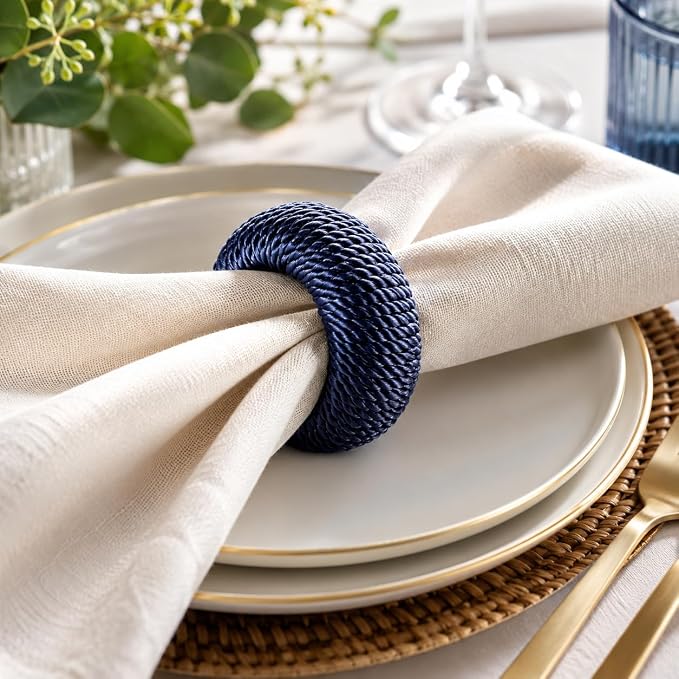 Blue Napkin Rings Set of 12, Rustic Boho Rayon | Rayon over plastic core - Image 6