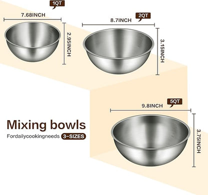 3-Piece Stainless Steel Mixing Bowls Set, 2.4, 3.2 & 4.9 Qt with Measurement Marks, Food Grade 304, Dishwasher Safe & Stackable for Baking, Tossing Salads, and Meal Prep for Your Kitchen