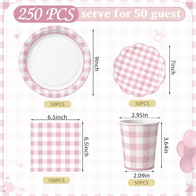 Funnymoom 250 Pcs Pink Gingham Paper Plates and Napkins Party Supplies Pink - Image 3