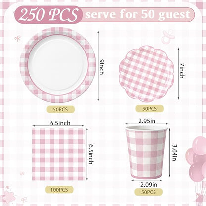 Funnymoom 250 Pcs Pink Gingham Paper Plates and Napkins Party Supplies Pink - Image 3
