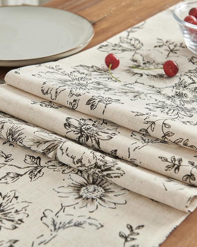 jinchan Black Floral Linen Table Runner 13 x 72 Inch Rustic | Vintage floral - Image 6