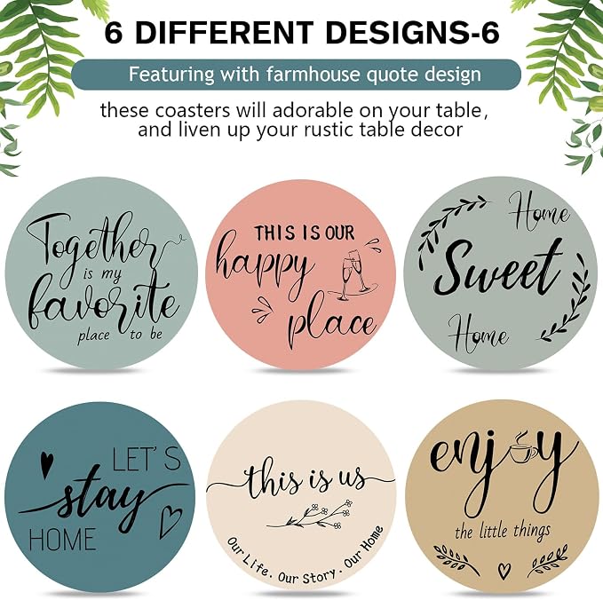 Queekay Coasters Set of 6 House Warming Gifts New Home Wooden Farmhouse Drink - Image 4