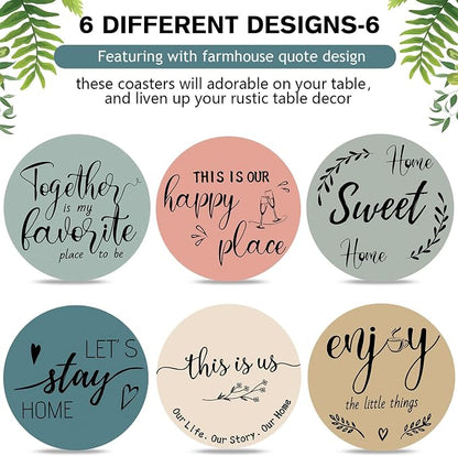 Queekay Coasters Set of 6 House Warming Gifts New Home Wooden Farmhouse Drink - Image 4
