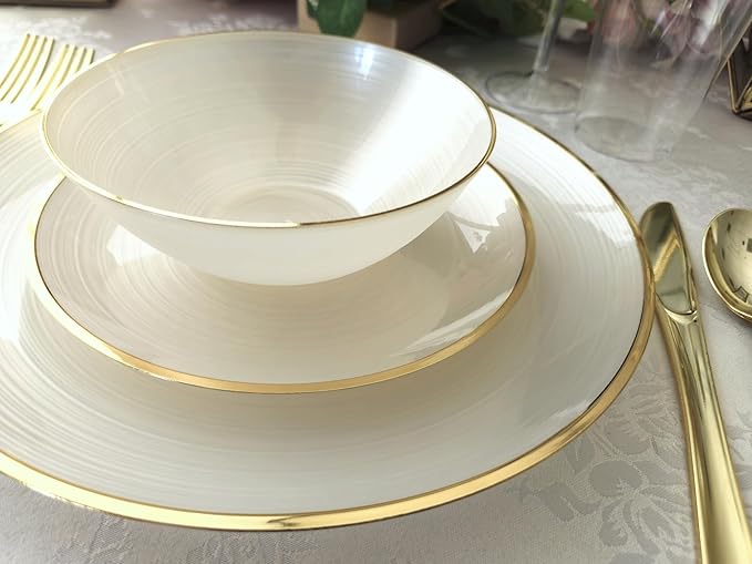 " OCCASIONS " 100 Plates Pack,(50 Guests) Premium Wedding Party Disposable Plastic Plates Set -50 x 10'' Dinner + 50 x 7'' Salad/Dessert (Belize in Ivory & Gold)