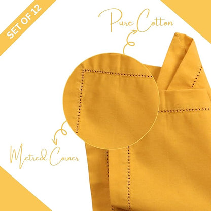 Lightnpro Decorative Cloth Dinner Napkins with Hemstitched, Wedding, Cocktail & Party Napkins, Mitered Corners, Machine Washable, 12 Elegant Table Napkins for Special Occasions - 18x18 Inch Mustard