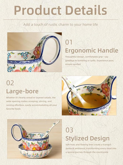 silesia Handmade Loop Handle Soup Bowl, Plate and Spoon Set Ceramic Hand - Image 6