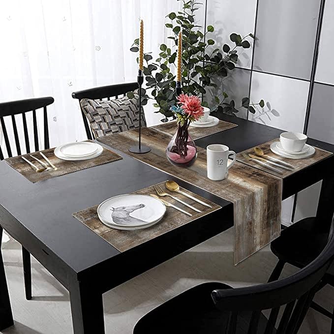Brown and Grey Table Runner and Place Mats Set of 6 Dark Rustic Abstract - Image 3