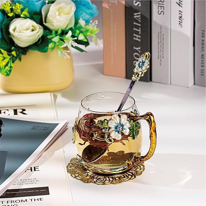 Flower Tea Cup, Butterfly Daisy Clear Glass Fancy Coffee Mug - Image 7