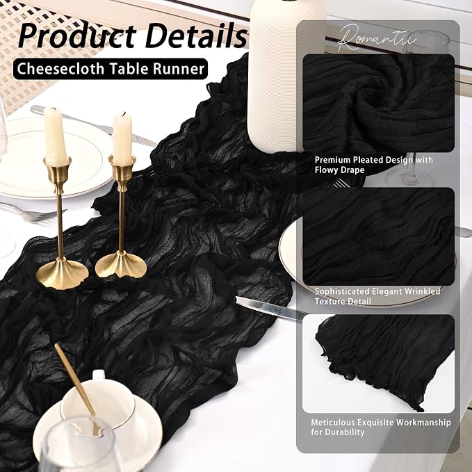 8 Pack Black Cheesecloth Table Runner 17x108 inch Boho Gauze Cheese Cloth Table - Image 4
