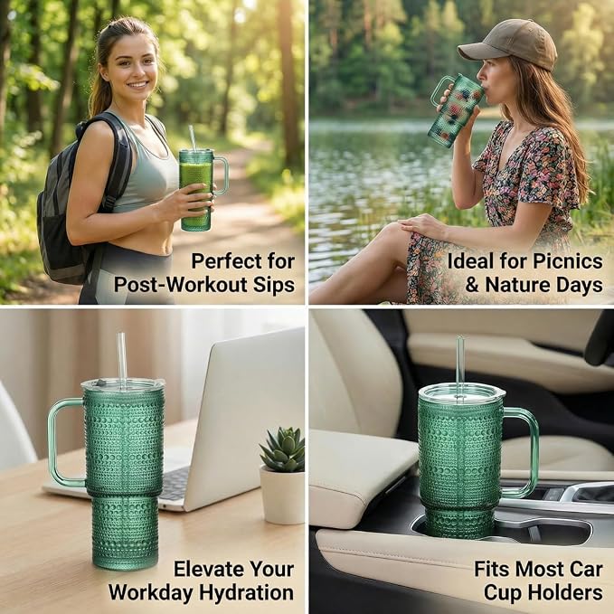 20 oz Green Glass Tumbler with Lid and Straw, Glass Iced Coffee Cups, - Image 6