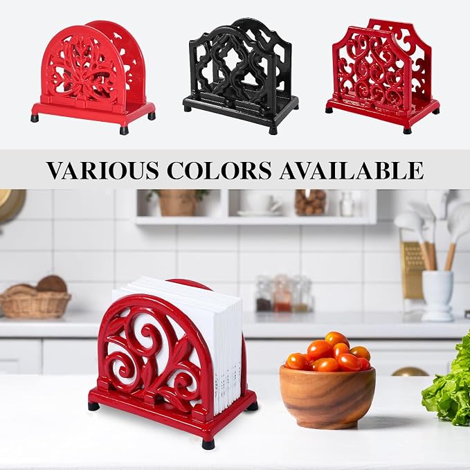 JOGREFUL Cast Iron Napkin Holder, Kitchen Organizer Foliage Scroll Red | - Image 2