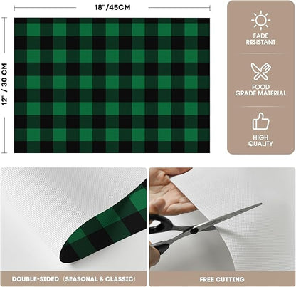 Artoid Mode Buffalo Plaid Vinyl Placemats Set of 4, 12x18 Inch Washable Non-Slip Heat Resistant Plastic Place Mats for Party Dining Table, Black/Green