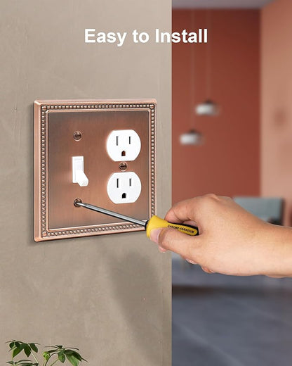 2-Pack Combo Toggle/Duplex Light Switch Cover Plate, Antique Copper Metal Wall Outlet Cover Plate, Decorative Classic Beaded Wall Socket Receptacle Cover for Electrical Outlets, Light Switch