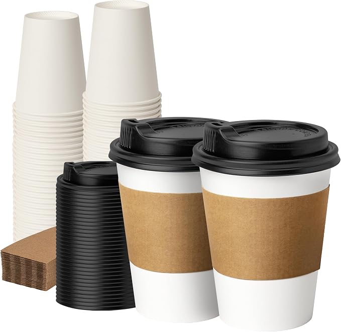 12 oz 50 Pack Coffee Cups with Lids and Sleeves, Hot Paper Coffee Cups with Lids by VPACKDUO