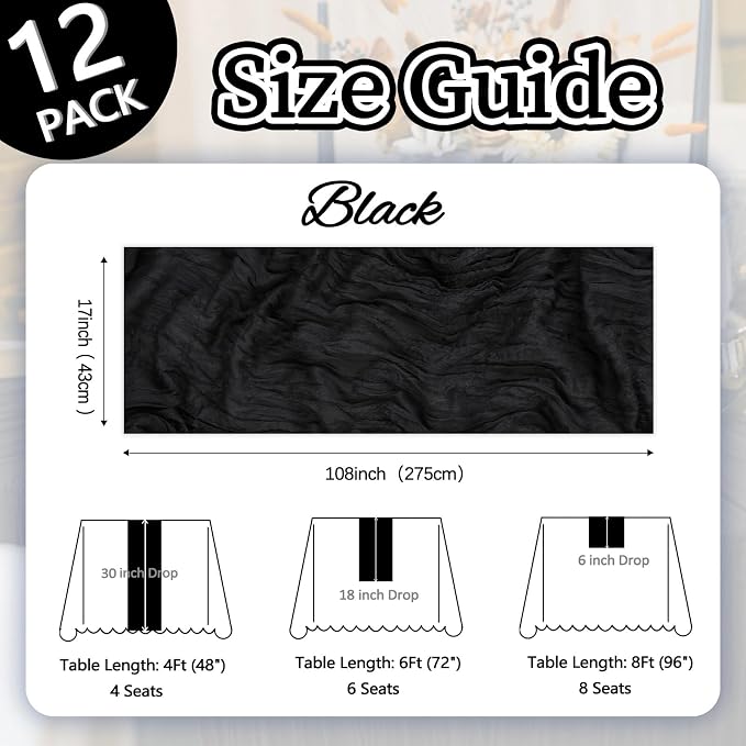 12 Pack Black Cheesecloth Table Runner 17 x 108 Inch | Boho Gauze Cheese Cloth - Image 2