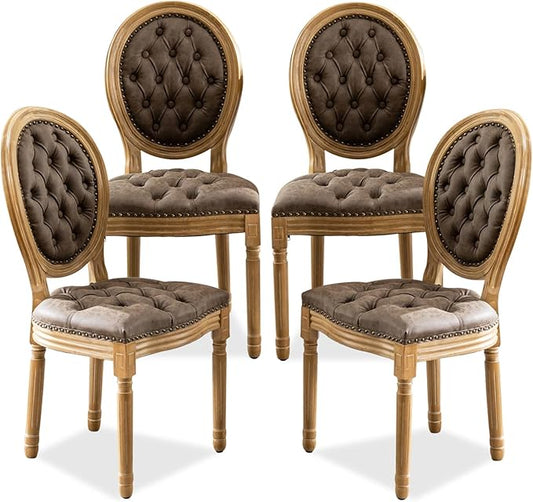 SoarFlash French Dining Chairs Set of 4, Vantage Dining Chair with Round Back, Farmhouse Country PU Leather Dining Chair for Kitchen,Bedroom,Brown