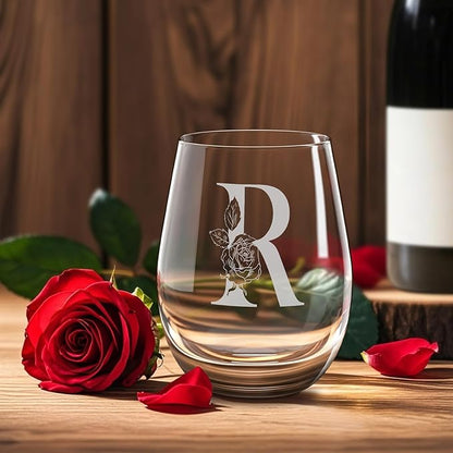 Valentines Day Gifts for Her, Gifts for Women Her Friend Mom Grandma Wife Sister Bridesmaid Nurse, Birthday Galentines Mothers Day Christmas, Personalized Initial Customized Wine Glasses 18OZ(R)