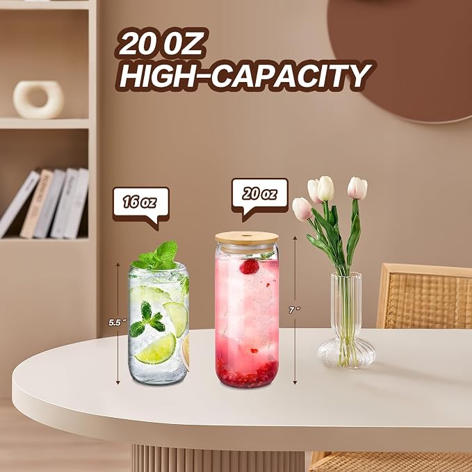 20oz Glass Cups with Lids and Straws Set of 6 – Large Iced Coffee Tumblers - Image 2