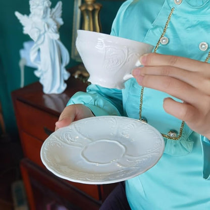 White Fine Porcelain 7 Oz Teacup Saucer Set, Sculpture Surface, Light Weight - Image 4