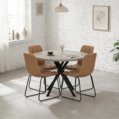 44" Round Dining Table with Cozy Chair Set for 4, Modern Mid-Century Dining Table Set of 4, Dinette Sets with Metal Leg for Kitchen Dining Room Apartment(Gray Table + Brown Chairs)