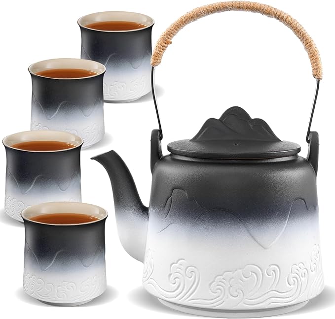ZENS Japanese Tea Set with 4 Cups, 33.8oz Ceramic Infuser Pot by ZENSLIFESTYLE