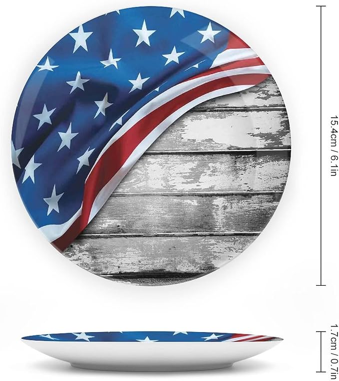 Ceramic Display Plate, American Flag Decor Ceramic Hanging Decorative Plate, Flag Over Antique Rustic Rippled Board, 6 Inch, Household Custom Ceramic Plate, Grey Navy