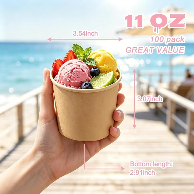 Lamosi Disposable Kraft Ice Cream Bowls 100 Count, 11 oz Paper Sundae Cups | - Image 2