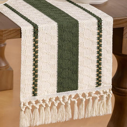 MLMW Boho Table Runner 60 inches Olive Green&Ivory Small Coffee Table Runner - Image 2