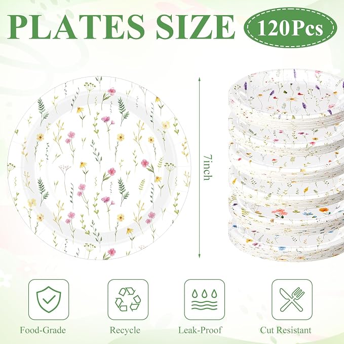 120 Pcs Wildflower Paper Plates 7 Inch Spring Floral Party Plates Wildflower - Image 3