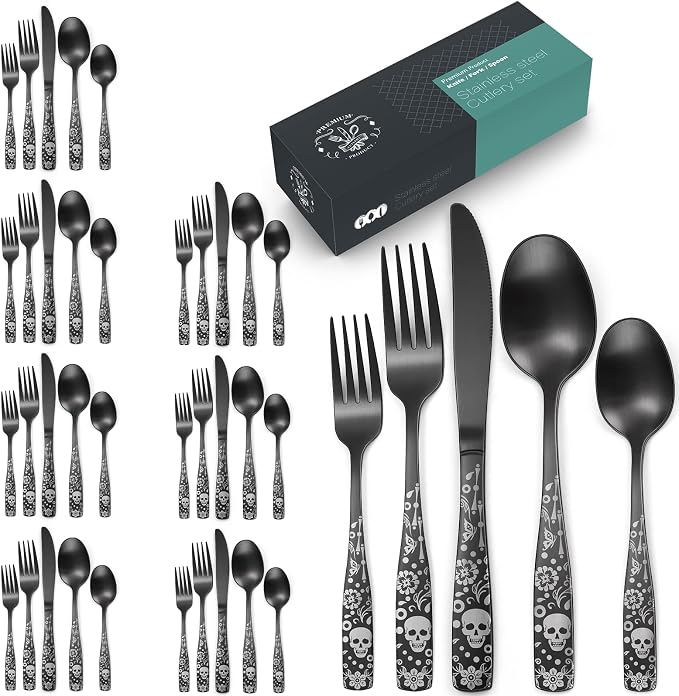 Pattern Matte Silverware Set for 8, 40 Piece Gothic Black Flatware set - Image 9