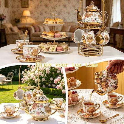 CHANJOON Gold Plated Red Rose Ceramic Tea Set, Vintage Tea Sets - Image 4