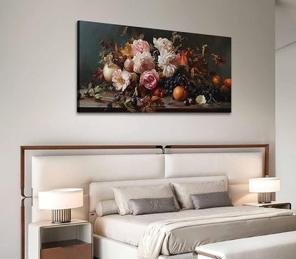 ADJUVANT Wall Art Vintage Floral And Fruit 48" L x 24" W, Peonies With Grapes And Citrus Canvas Painting Prints Graceful Botanic And Fruity Wall Decor for Living Room Bedroom Dining Room Home Office
